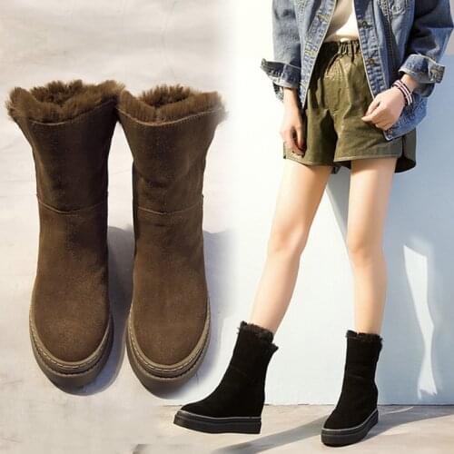 Womens Snow Boots Genuine Leather Hidden Heel Ladies Boot Winter Plush Woman Mid-Calf Boots Slip on Women Winter Boot Snow Shoe