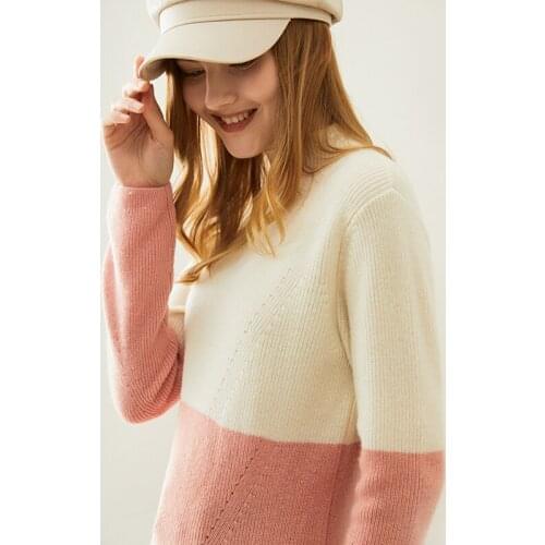 Patchwork Fashion Sweaters Woman Winter Thick Warm 100% Pure Merino Wool Knitting Pullovers 3Colors Long Sleeve Woolen Jumpers