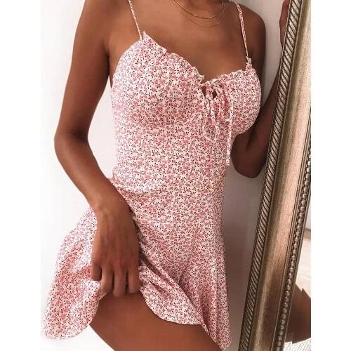 Summer New V Neck Elegant Sexy Floral Print Tie Front Mini Dress Fashion Women Spaghetti Strap Floral Print Dress Casual