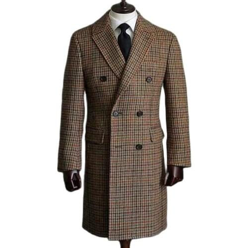 Winter Coat Thick Greatcoat Houndstooth Men Suits Peaked Lapel Outfit Custom Made One Piece Long Overcoat High Quality Jacket
