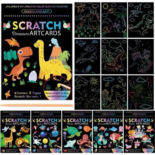 Children Early Educational Cartoon Pattern Nice Gift Paper Scratch Art Painting Magic Color Rainbow 1Set DIY Drawing Toys