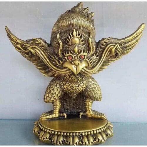 9" Tibet Pure Bronze Buddhism Redpoll Winged Garuda Bird Eagle Buddha Statue