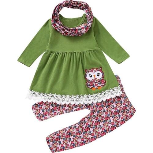 Baby Girls Cartoon Animal Clothes Set Cute Owl Embroidery Top Floral Pants Scarf Set Infant Toddler Outfits Newborn Clothing