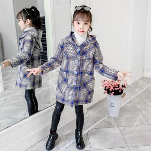 Girls Jackets Fashion Plaid Wool Coat For Girls Hooded Kids Outerwear Autumn Thick Winter Clothes For Girls 4 6 8 9 10 12 Years