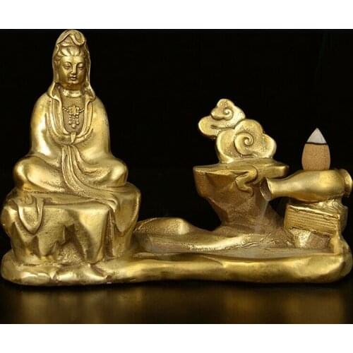 Brass Incense Burner Backflow Guan Yin Carved Statue Buddhism Candlestick Decor
