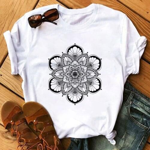 Summer womens t-shirt casual fashion t-shirt beautiful mandala print short-sleeved stretch aesthetic t-shirt top Female