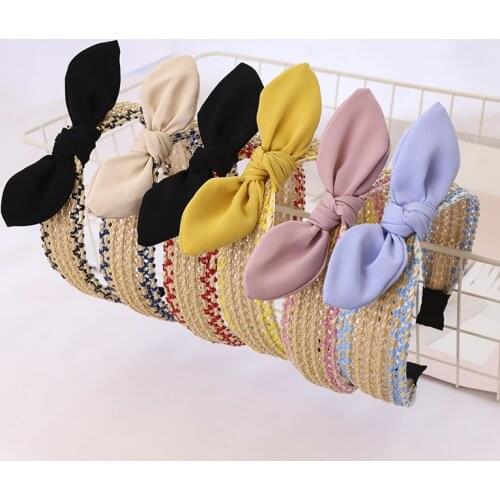 Fashion Bow Straw Raffia Headbands Handmade Hairband Knotted Wide Headwear for Women Girls Accessories