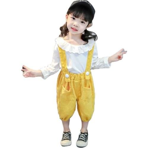 Baby Girl Clothes Summer Autumn Baby Clothing Sets Ruffle Collar Long Sleeve + Suspender Trousers for Little Girls 2-piece suit