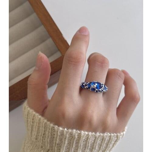 Authentic S925 Sterling Silver FINE Jewelry Blue CZ 4A+ Irregular Ring adjust C-J1662