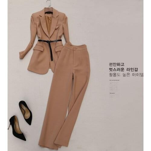 Autumn Spring Elegant Belted Suit Blazer and Empire Wide Leg Trousers OL Work Wear One Set