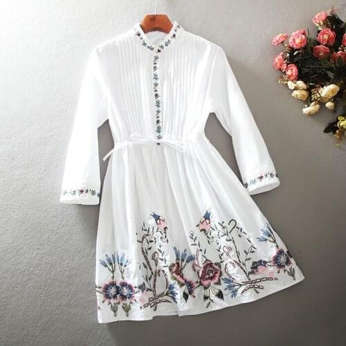 Womens Spring Summer high waist embroidery A-Line dress female korean fashion vintage casual cotton dress R1113