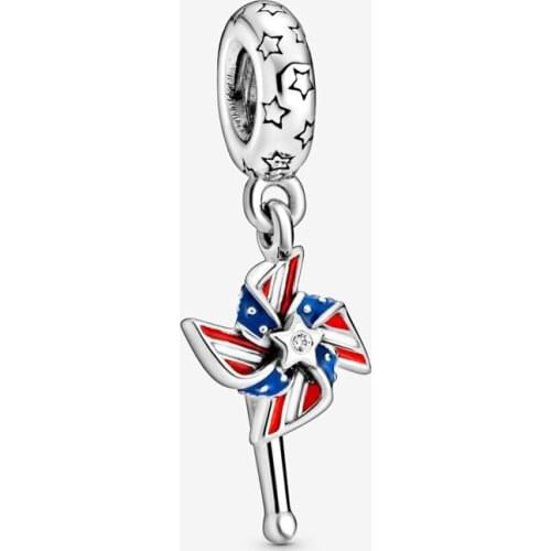 Authentic 925 Sterling Silver American Pinwheel Dangle pan Charm Fit Original Bracelet For Women DIY Jewelry Beads