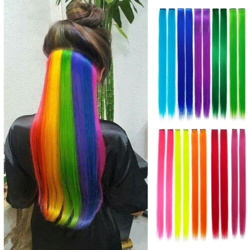 Long Straight Hair Piece Hair Extensions Clip In Highlight Rainbow Color Hair Streak Blue Pink Yellow Synthetic Hair Strands
