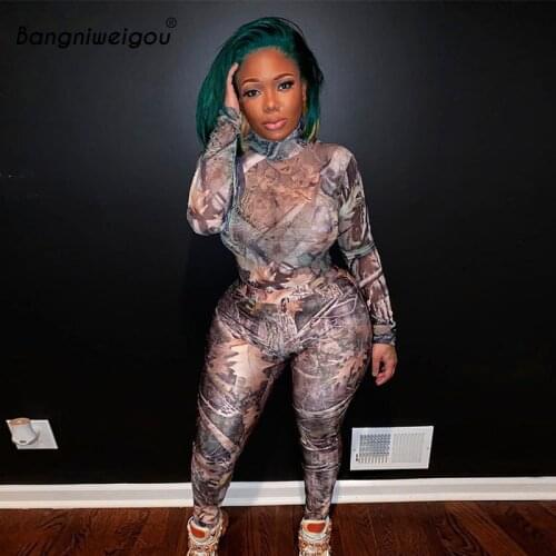 Bangniweigou Tropical Leaf Overlay Print Tracksuit Women Long Sleeve Bodysuit Leggings 2 Piece Set Streetwear Graphic Outfits