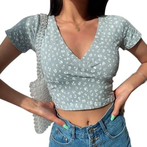 Womens Retro Floral Print V Neck T-Shirt Sexy Slim Expose Navel Short SleeveTops