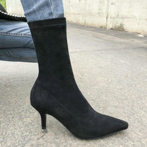 EshtonShero Women Mid Calf Boots Shoe Woman Thin High Heels Flock Pointed Toe Autumn Ladies Motorcycle Sock Boots Size 3-8