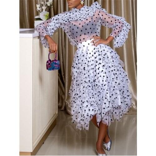 Fashion Dot Printing Women Mesh Two Piece Sets 2021 Spring Newest Lady O-neck Ruffles Sleeve High Waist A Gauzy Skirts Outfits