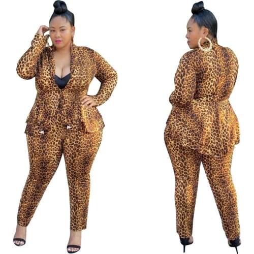 Ladys Sexy Deep V-neck Leopard Printing Suits 2020 Autumn Latest Women Full Sleeve Coats High Waist Pencil Pants Two Piece Sets