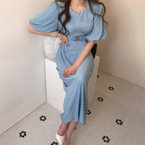 JSXDHK 2021 Chic Elegant Summer Sheath Dress Women Solid Color Lantern Sleeve O Neck Ladies Bodycon Pencil Long Dress With Belt