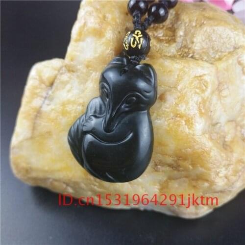 Accessories for Chinese Jade Jewelry Amulet Natural Fox Gifts Men Charm Black Green Necklace Pendant Carved Obsidian