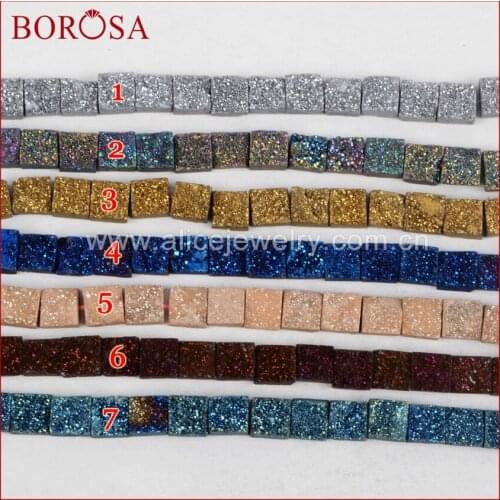 BOROSA 8inch Handcrafted 12mm Square Rainbow Natural Titanium Stone Druzy Geode Loose Bead for Jewelry Making LS013