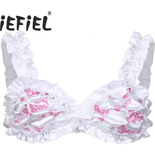 Mens Sissy Bralette Smooth Floral Wire-free Men Bra Top Letter Printed Frilly Ruffled Wide Shoulder Straps Unlined Bra Tops