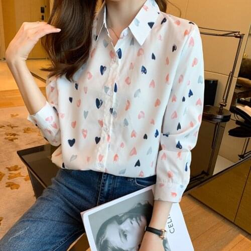 Chikichi 2021 Autumn Korean Fashion Lapel Casual Loose Loose Chiffon Blouse Cardigan Long Sleeve Heart-shaped Print Shirt Women