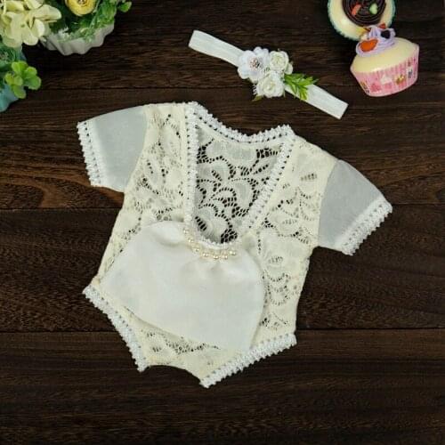 D0AF Newborn Baby Photography Props Girls Lace Romper Jumpsuit Headband Set Infants Princess Costume Outfits