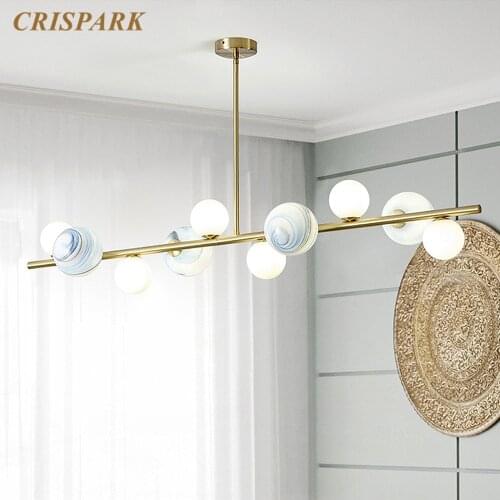 Modern Chandelier Lighting LED Gold Bar Ceiling Hanging Lamp Glass Orb Kitchen Island Light Fixture Art Deco Dining Table Lamp