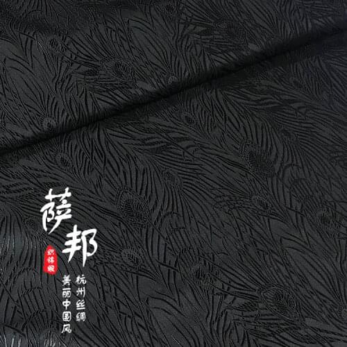 Chinese Peacock feather black Silk fabric brocade Satin fabric for COSPLAY/Kimono/Mongolia clothing/Stage suit 1 order=1meter