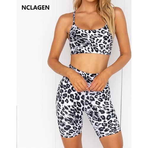 NCLAGEN Yoga Set Women Gym Clothes 2Pcs Workout Sportwear Sport Bra And Short Push-up Fashion Elastic Leopard Print Fitness Suit