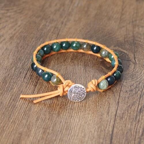 8mm Indian Onyx Beads Leather Wrap Bracelets Handmade Women Men jewelry Strand Natural Stone Beaded Charm Boho Bracelet Bangle