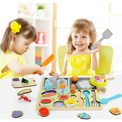 Kitchen set for kids wooden puzzles Fruit Shop/Kitchen Cooking/Barbecue Pretend Play kitchen items wooden toys baby Kitchen Toys