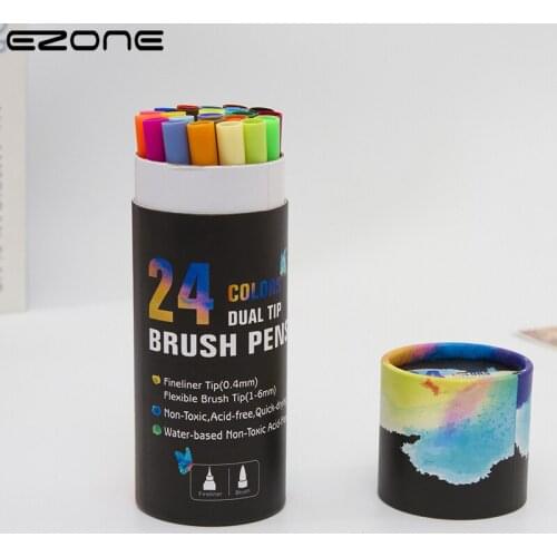 EZONE 24/60 Colors Black Barrel Double Headed Pen Brush Art Marker Pens Drawing Painting Stationery Coloring Manga Art Supplies