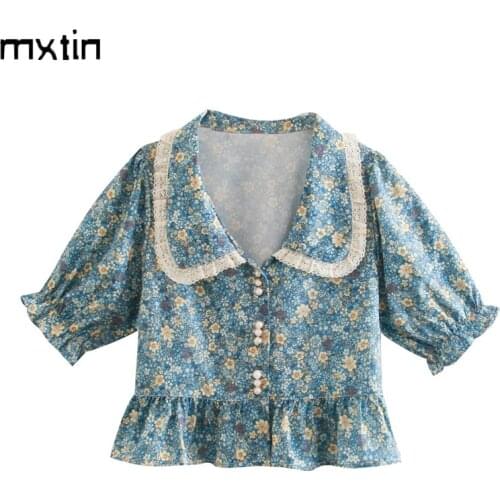 MXTIN 2020 Women Spring Vintage Floral Print Button Cropped Blouses Fashion Short Sleeves Female Shirts Blusas Elegant Tops