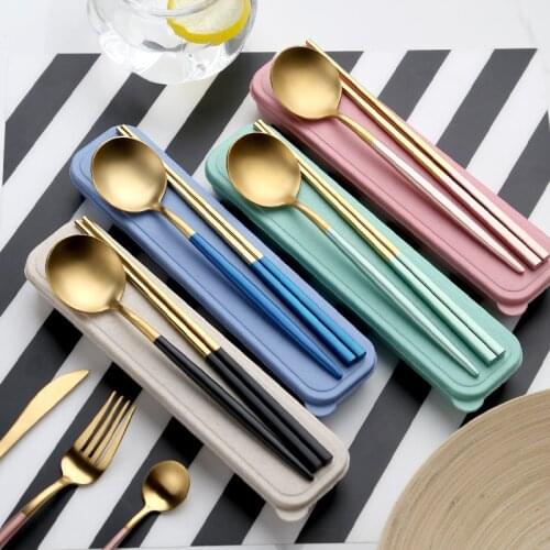 4pcs Stainless Steel Gold Spoon Chopsticks Dinnerware Set Carrying Box And Cloth Bag Buckle Tableware Set Flatware Set