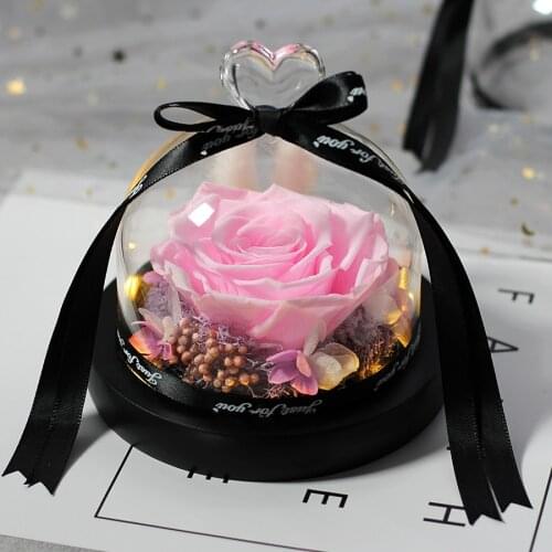 New Enchanted LED Light real Rose Beauty and the Beast in a Glass Love Heart with Black Base for Valentines Mothers Day gift