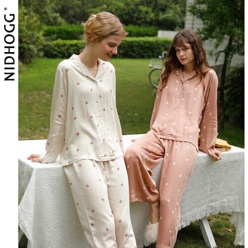 New Satin Pijama Mujer Long-sleeved Pajama Sets Viscose Polka Dot Sleepwear Women Set 2 Piece Pyjamas Lounge Wear Homewear 2021