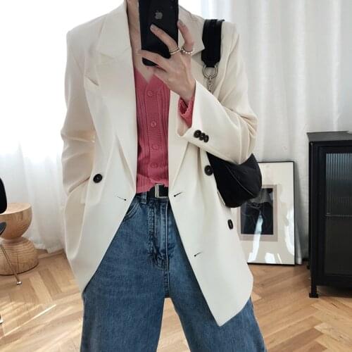 2021 New Casual Notched Collar Spring Office Ladies Autumn Jacket Women Blazer Pockets Female White Retro Suits Coat Women Top