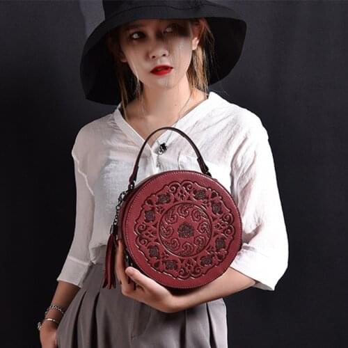 2021 New Grils Messenger Bags Genuine Leather Circular Women Bags Vintage Ladies Crossbody Bag Chinese Style Bag Female Handbag