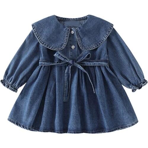 Autumn 1-5 Yrs Girls Fashion Doll Dress Denim Toddler Children Lotus Leaf Collar Princess Dress Infant Kids Long Sleeve Clothes