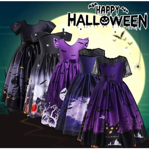 Girls Halloween Dress For Kids Dress For Girls Pumpkin Lace Witch Printed Party Cosplay Princess Halloween Costume Girls Clothes
