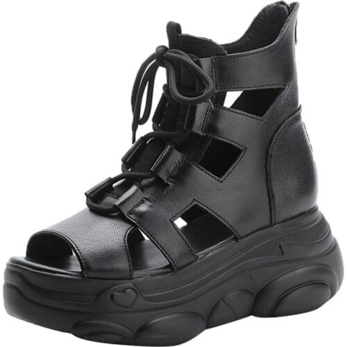 Cowhide Slope With Thick-Soled Roman Shoes Leather Retro Sandals Summer Fashion Casual Fish Mouth High-Top Shoes Women Sandals