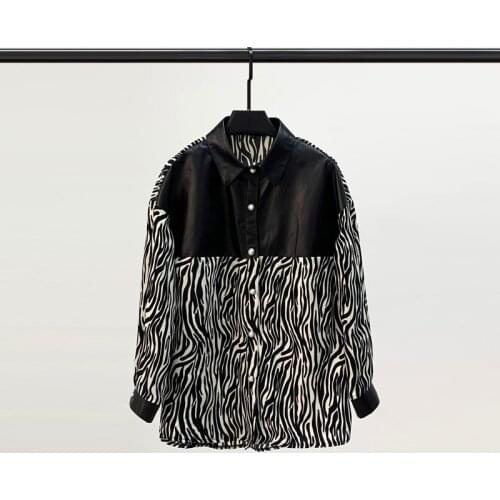 Spring New Style Sheepskin Stitching Zebra Print Chiffon Long-sleeved Bottoming Shirt Leather Slim Small Shirt Printed Shirt