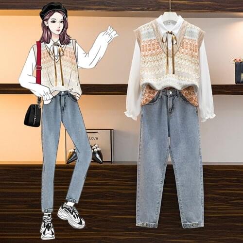 School Sweet Suits Korea Sleeveless Knitted Vest Sweater White Blouse High Waist Jeans Pant 3 Piece Casual Sets Women Kit