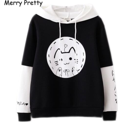MERRY PRETTY Women Cartoon Cat Print Harajuku Hooded Sweatshirts Sweet Girl Long Sleeve Hoodies 2020 Thick Warm Pullover