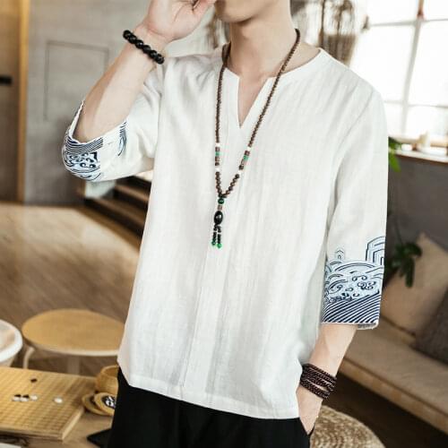 Traditional Chinese Top for Man Retro V-neck Half Sleeve Hanfu Shirt Summer Wave Embroidery Male Tops Asian Harajuku T-shirt