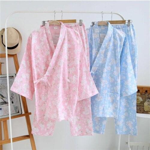 Spring Kimono Pajamas Suit V-necked Cherry Blossom Pure Cotton Double Layer Gauze Long Sleeve Womens Pyjamas Sleepwear Home Suit