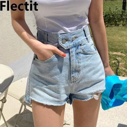 Flectit High Waist Denim Shorts Women Vintage Double Button Fly Distressed Jean Shorts Summer 2021 Streetwear