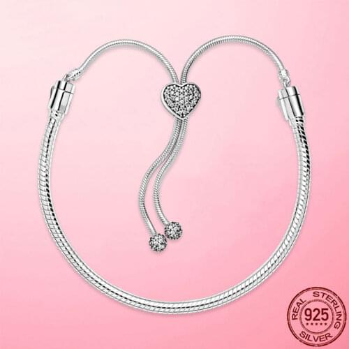 Femme Moments Pave Heart Clasp Snake Chain Slider Bracelet 925 Sterling Silver Snake Chain Slider Bracelet for Women Jewelry